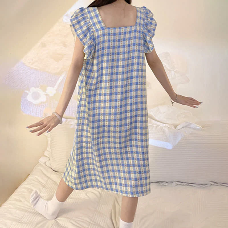 Ärmelloses Lounge-Kleid in Blau mit Vichy-Karo