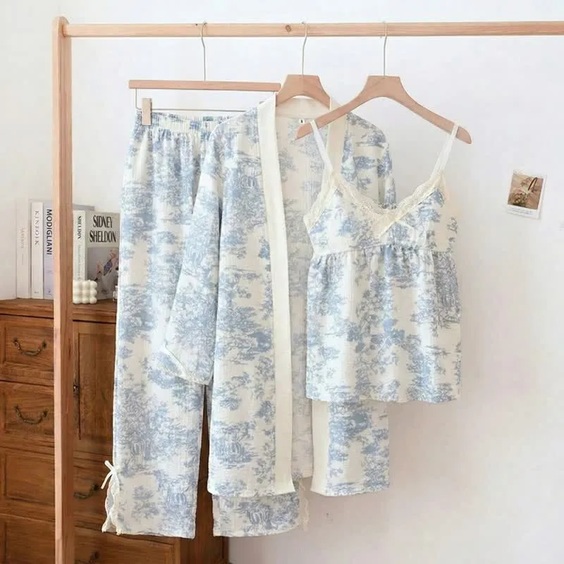 Pyjama mit Tintenwaschmuster, Landschaftsmotiv und Spitzenbesatz (3-teilig)