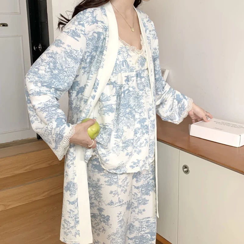 Pyjama mit Tintenwaschmuster, Landschaftsmotiv und Spitzenbesatz (3-teilig)