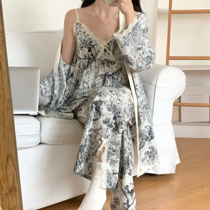 Pyjama mit Tintenwaschmuster, Landschaftsmotiv und Spitzenbesatz (3-teilig)