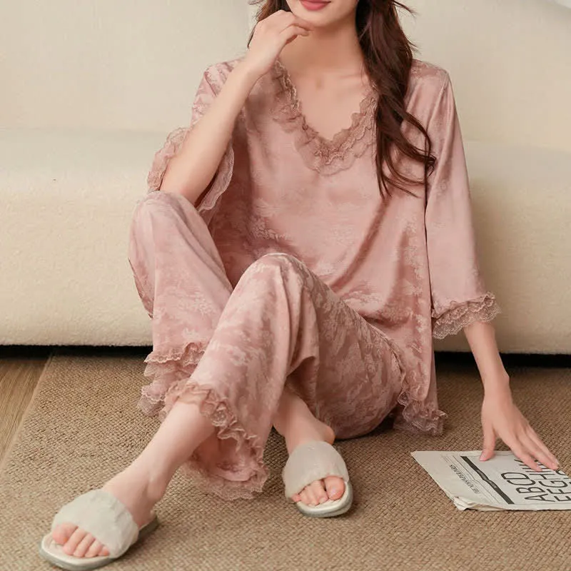 Rosa Jacquard-Pyjama-Set mit Rüschenbesatz (3-teilig)