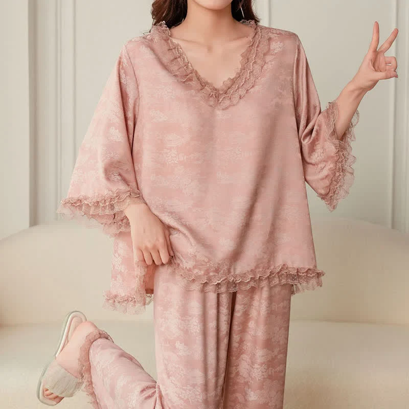 Rosa Jacquard-Pyjama-Set mit Rüschenbesatz (3-teilig)