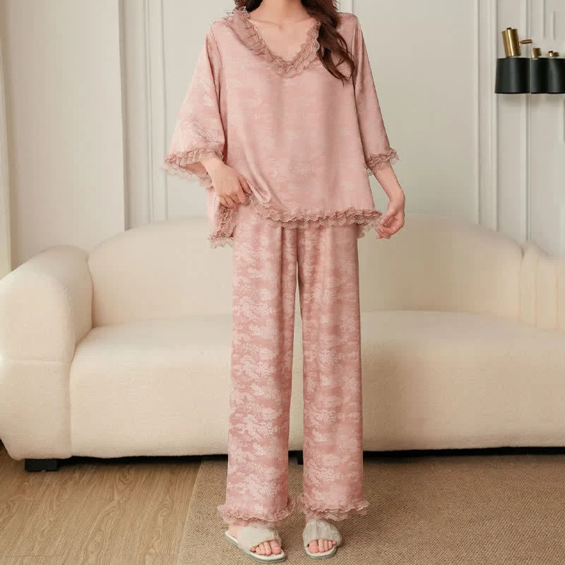 Rosa Jacquard-Pyjama-Set mit Rüschenbesatz (3-teilig)