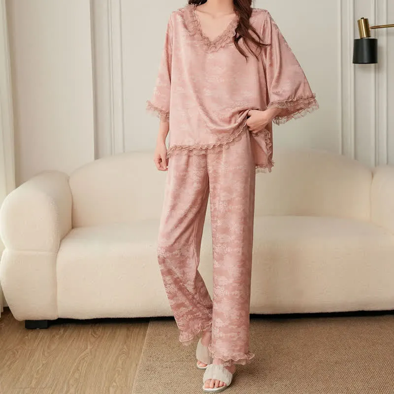 Rosa Jacquard-Pyjama-Set mit Rüschenbesatz (3-teilig)