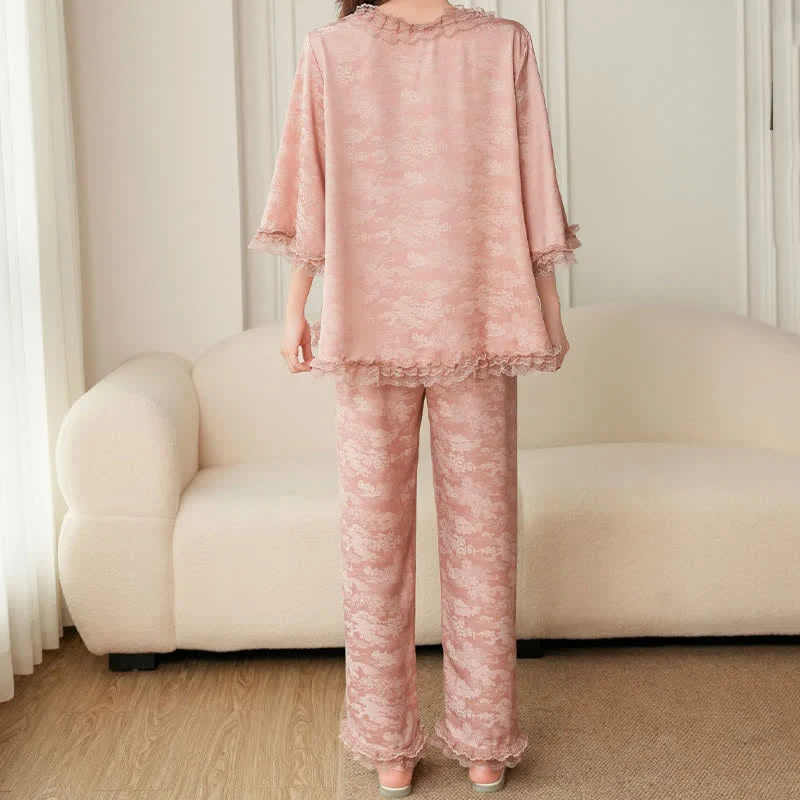Rosa Jacquard-Pyjama-Set mit Rüschenbesatz (3-teilig)