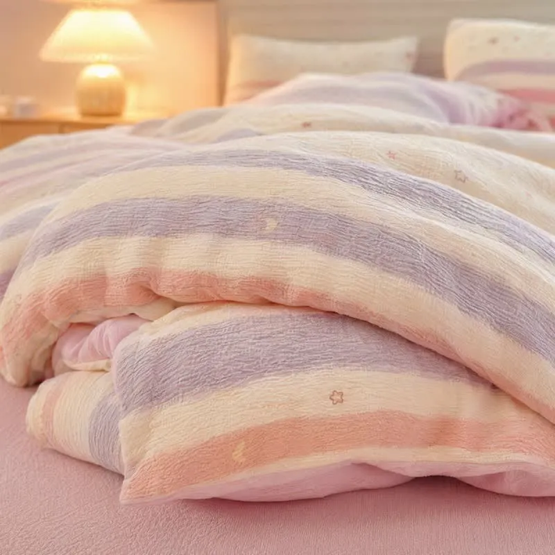 Bettwäsche-Set aus dreilagigem Gaze mit pastellfarbenen Streifen und Sternenmuster