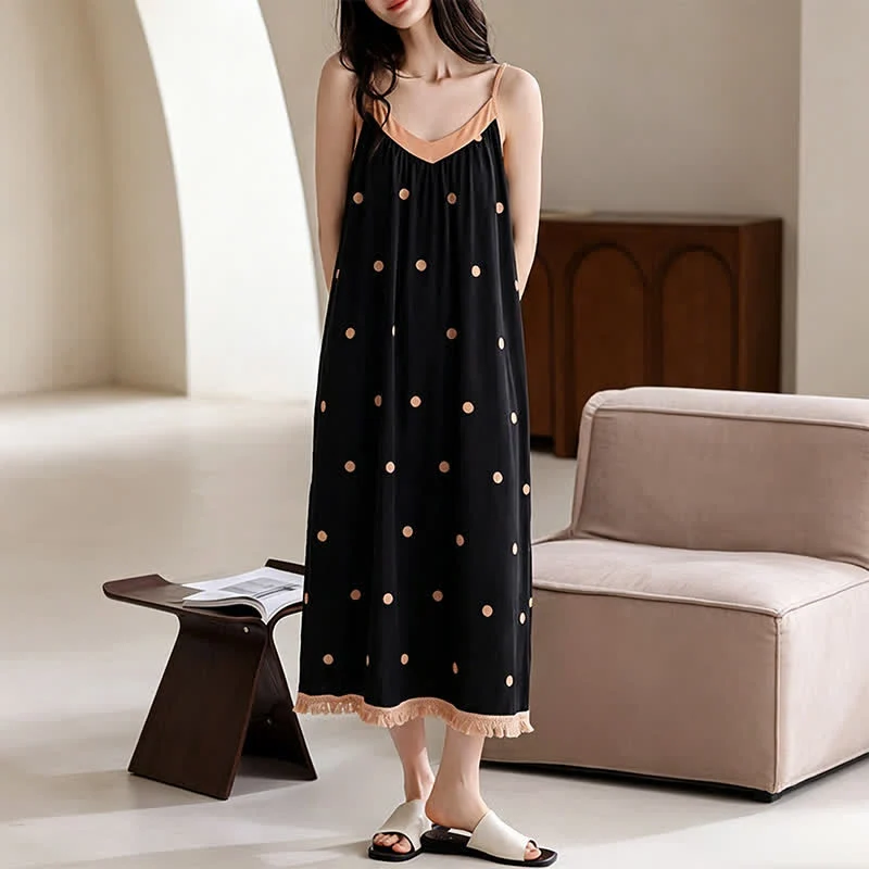 Schwarzes Baumwoll-Loungedress mit weißen Punkten