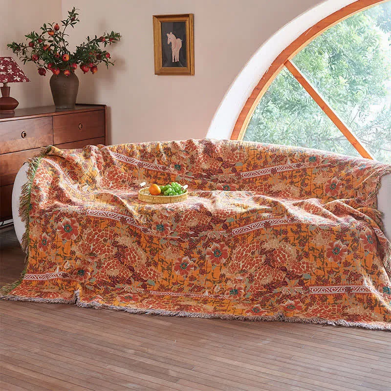 Wendbare botanische Musselin-Steppdecke mit Retro-Fransen