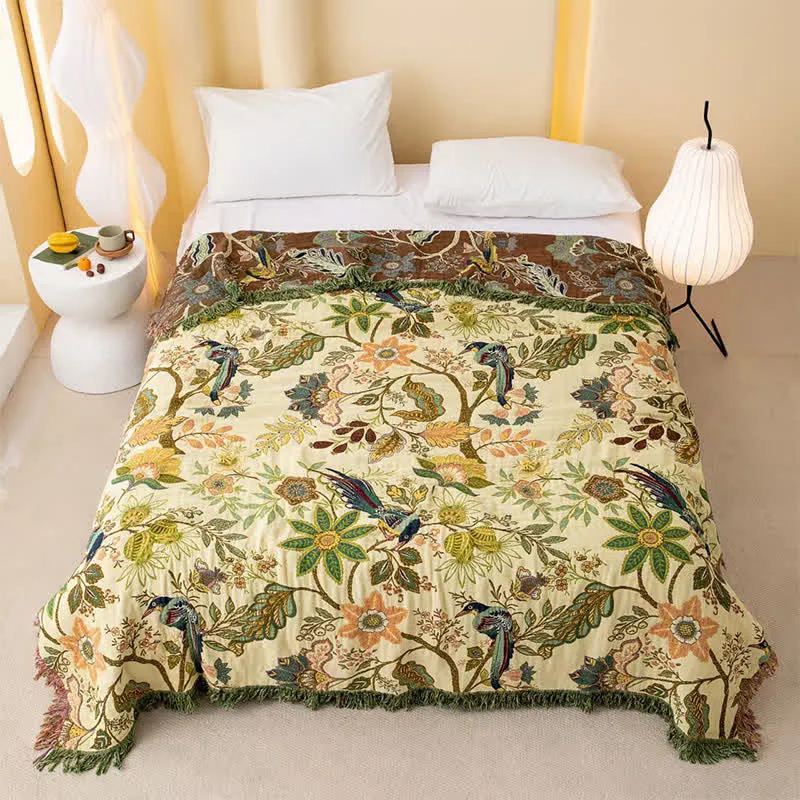 Wendbare Musselin-Tagesdecke mit Blumen- und Vogelmotiv