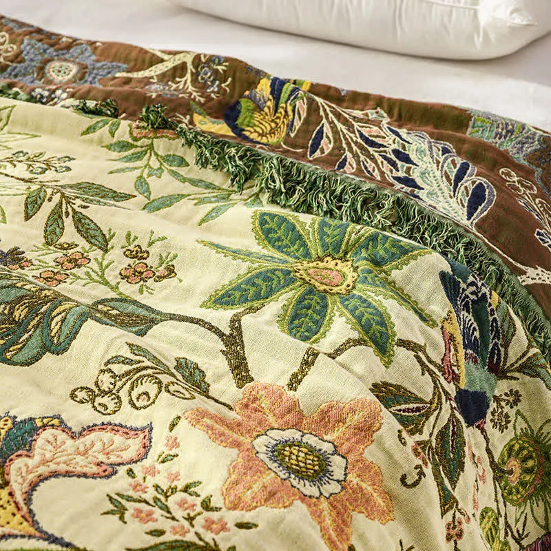 Wendbare Musselin-Tagesdecke mit Blumen- und Vogelmotiv