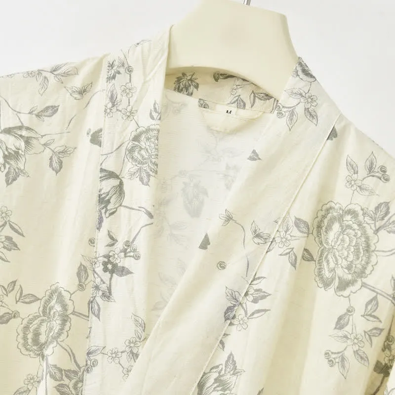 Kimono-Bademantel aus Baumwoll-Leinen mit pastoralem Blumenmuster
