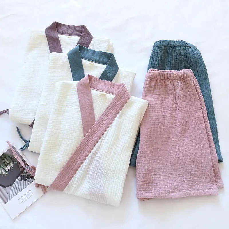 Japanischer Baumwollgaze-Pyjama-Set mit kurzen Ärmeln