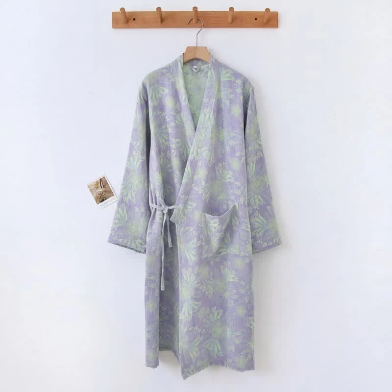Kimono-Bademantel aus doppellagigem Baumwoll-Doppelgaze mit Pfirsichblütenmuster