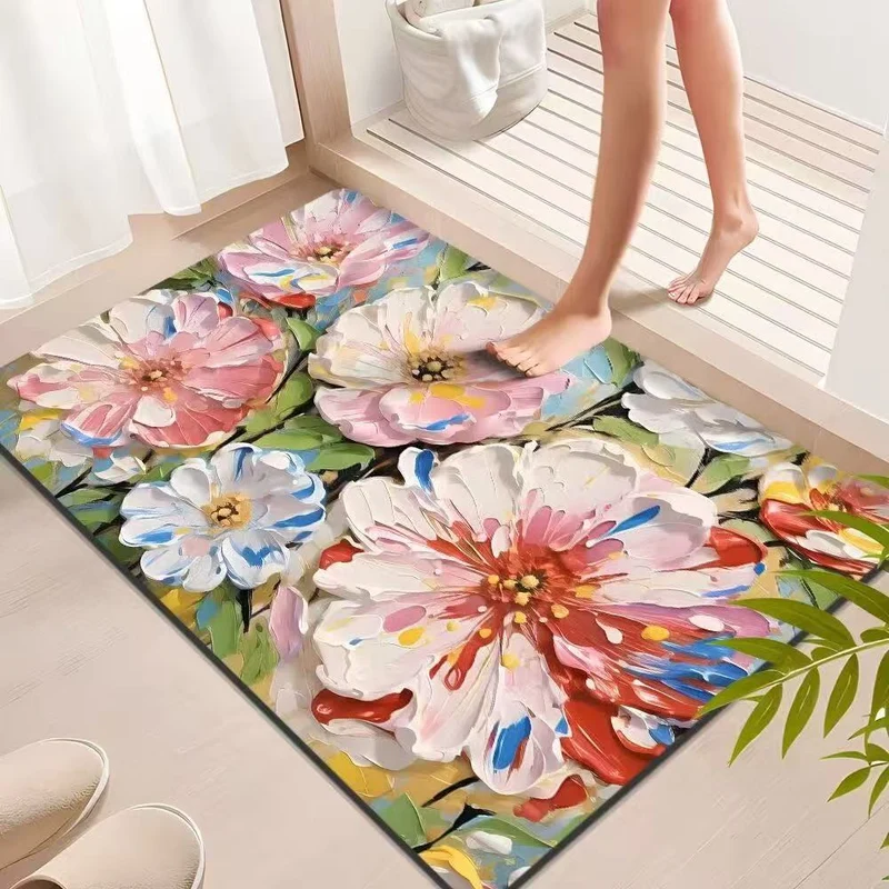 Lebendiger Badezimmerteppich mit Ölgemälde-Blumenmotiv
