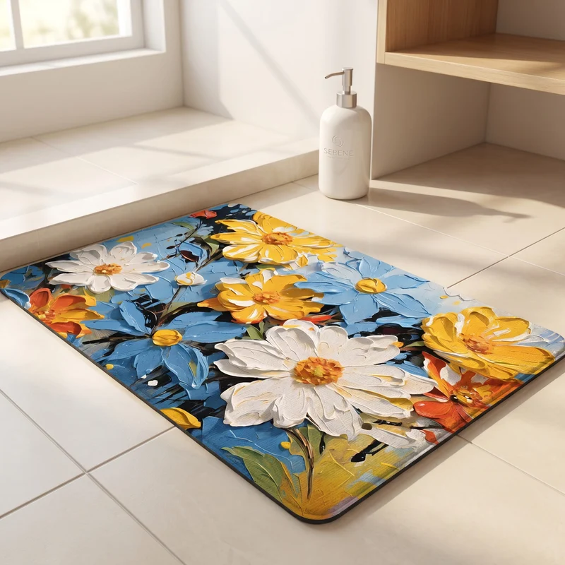 Lebhafter Badezimmerteppich im impressionistischen Blumenstil