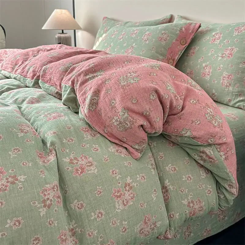 Vintage-Bettwäsche aus reiner Baumwollgaze mit Blumenmuster (4-teilig)