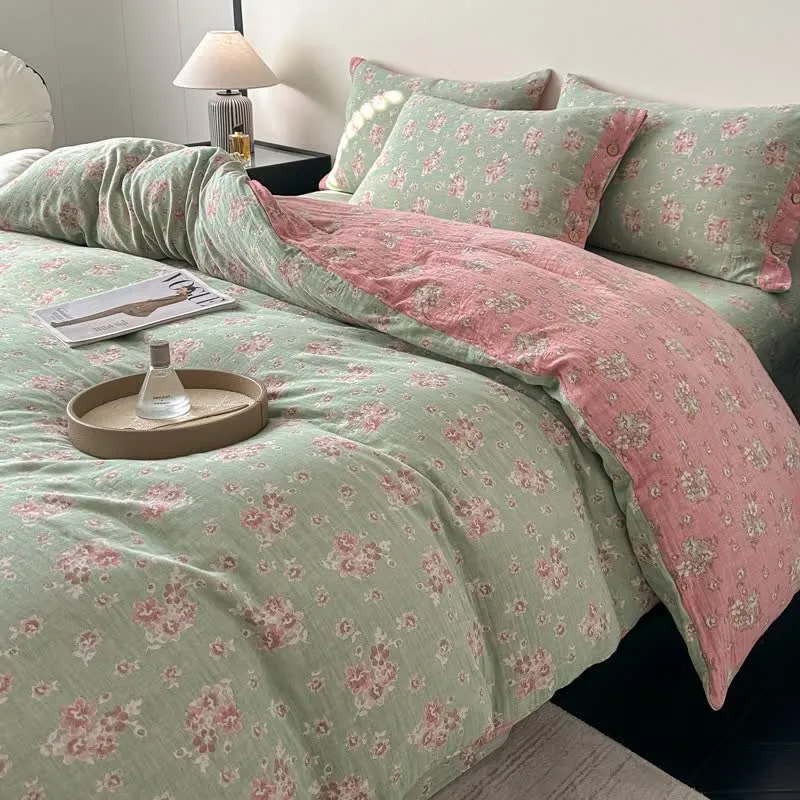 Vintage-Bettwäsche aus reiner Baumwollgaze mit Blumenmuster (4-teilig)
