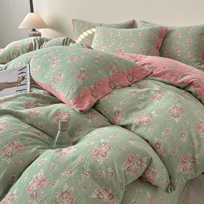 Vintage-Bettwäsche aus reiner Baumwollgaze mit Blumenmuster (4-teilig)