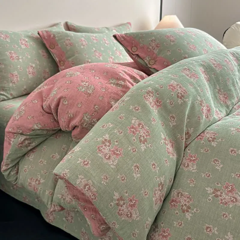 Vintage-Bettwäsche aus reiner Baumwollgaze mit Blumenmuster (4-teilig)