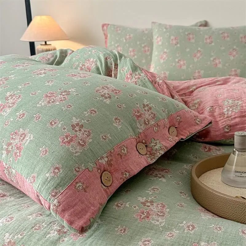 Vintage-Bettwäsche aus reiner Baumwollgaze mit Blumenmuster (4-teilig)