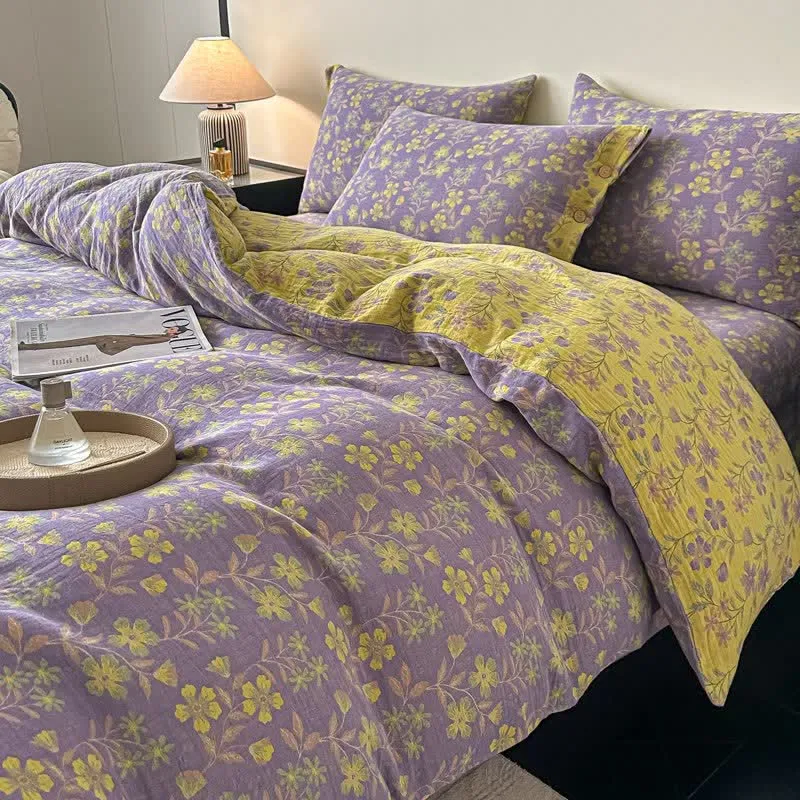 Elegante Bettwäsche aus reiner Baumwollgaze mit Blumenmuster (4-teilig)