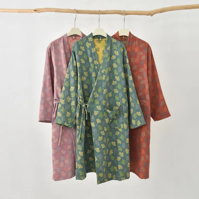 Ginkgoblatt-Baumwollgaze-Yukata-Robe