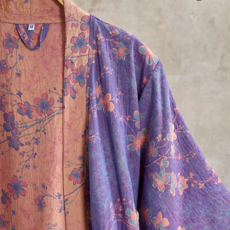 Kurzarm-Baumwollbademantel mit Zweig- und Blumenmuster