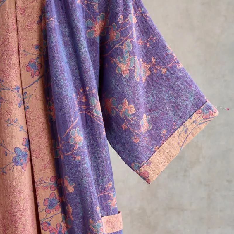 Kurzarm-Baumwollbademantel mit Zweig- und Blumenmuster
