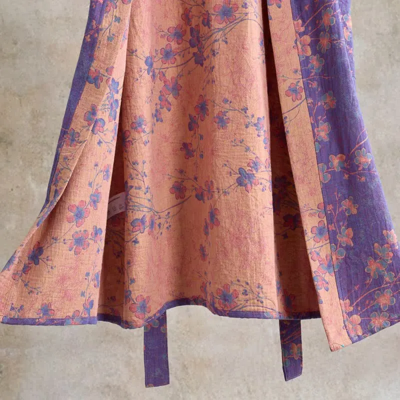 Kurzarm-Baumwollbademantel mit Zweig- und Blumenmuster