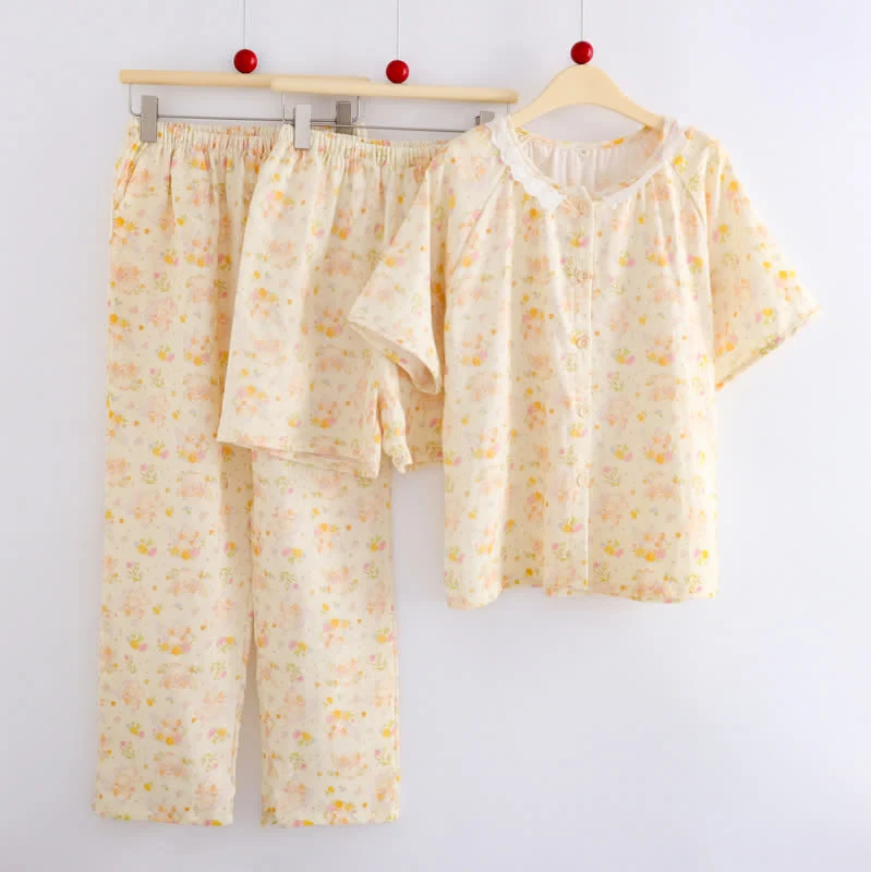Aprikosenfarbenes Loungewear-Set aus Baumwolle mit Rüschen und Blumenmuster (3-teilig)