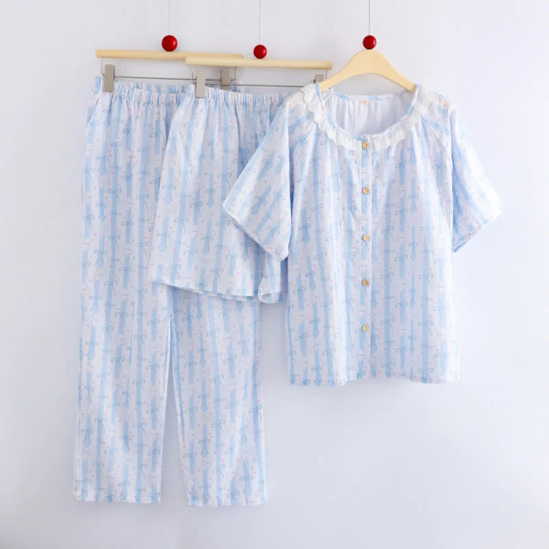 Blauer Baumwollpyjama mit Schleifenmuster und Rüschen (3-teilig)