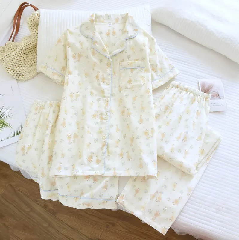 Dreiteilige Loungewear aus Baumwoll-Duck-Print