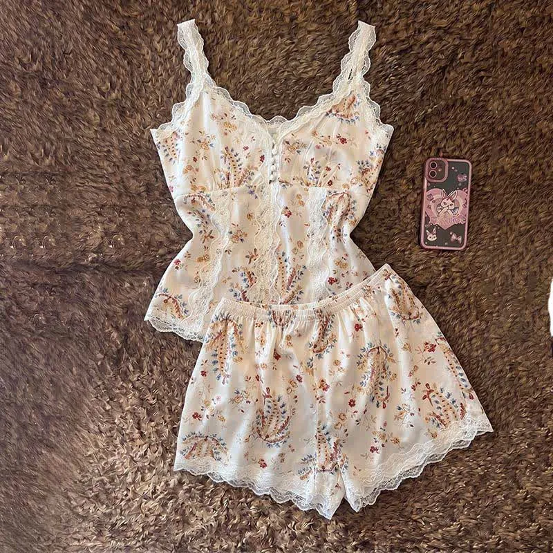 Loungewear-Set aus französischer Baumwollspitze mit Blumenmuster