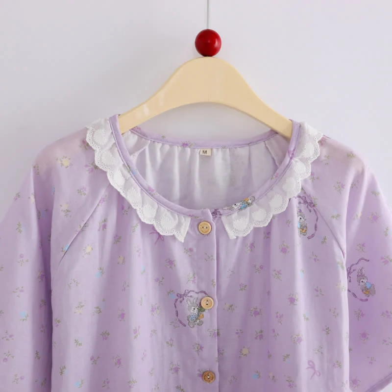 Loungewear-Set aus Baumwolle mit lila Hasen- und Blumenmuster (3-teilig)