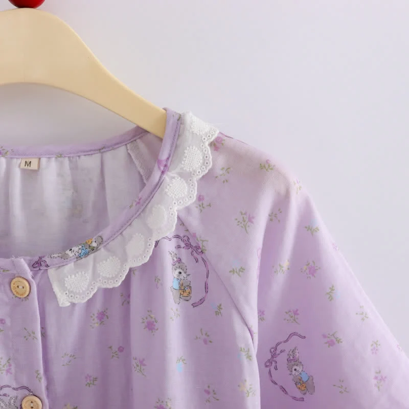Loungewear-Set aus Baumwolle mit lila Hasen- und Blumenmuster (3-teilig)