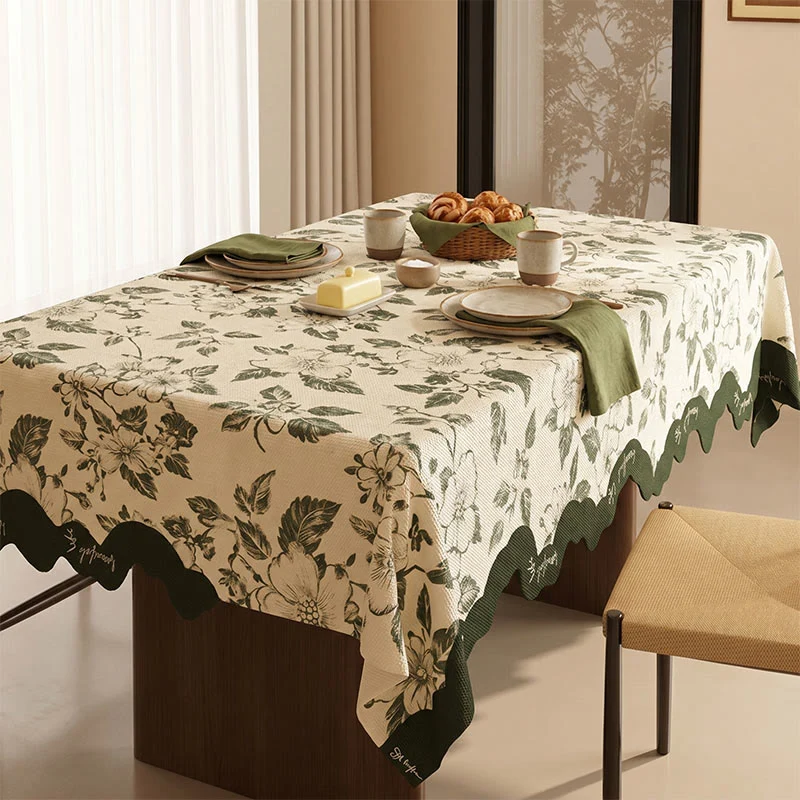 Vintage grüne Tischdecke aus Baumwollleinen mit Blumenmuster