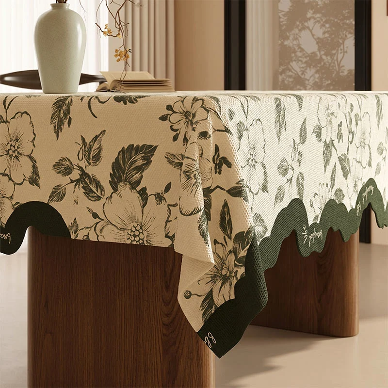 Vintage grüne Tischdecke aus Baumwollleinen mit Blumenmuster