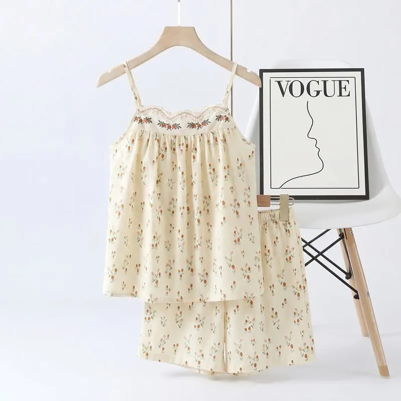Pyjama mit kleinem Blumenmuster aus doppellagigem Baumwoll-Gaze