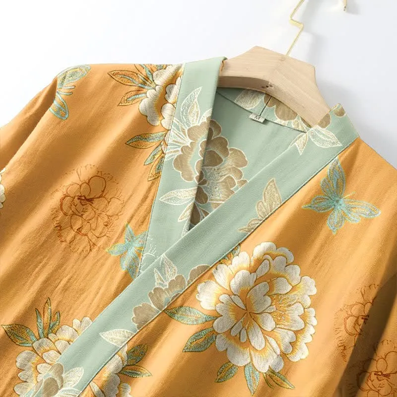 Kimono-Bademantel aus Baumwollgaze mit gelber Pfingstrose