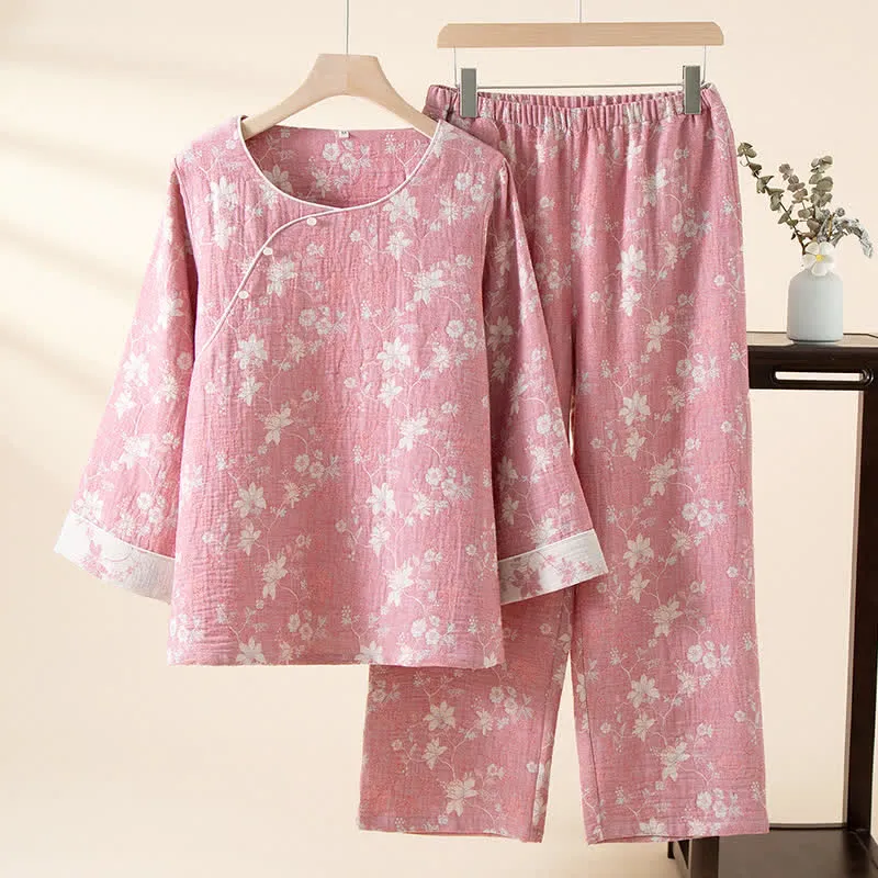 Orientalischer rosa geblümter Baumwoll-Leinen-Pyjama