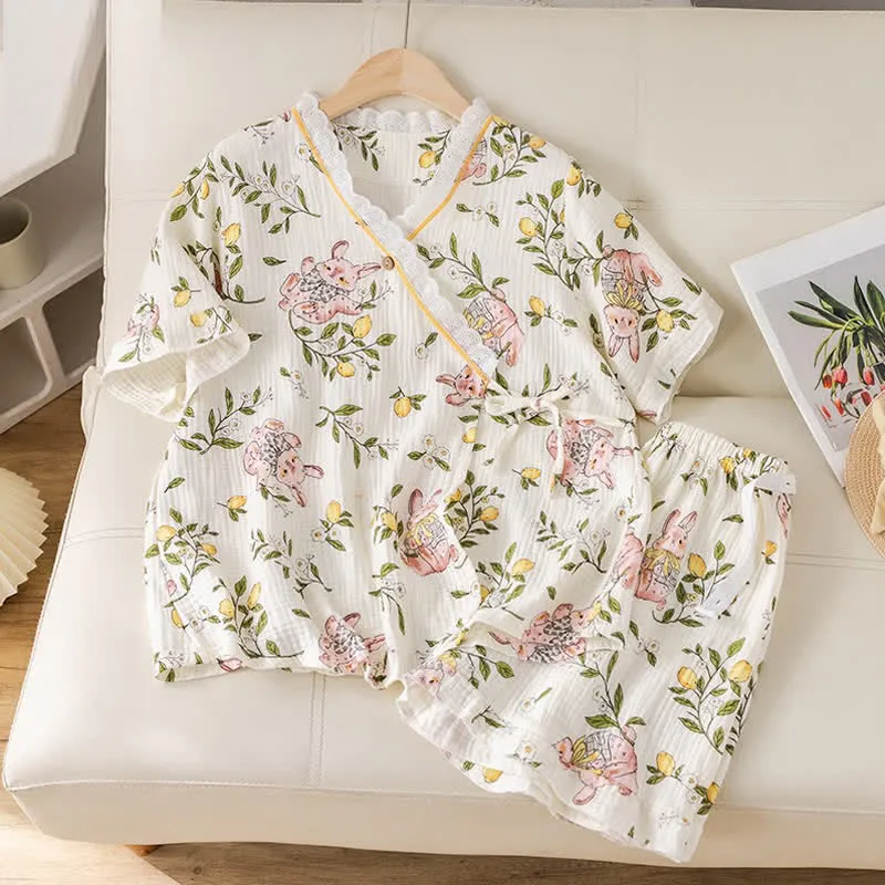 Pyjama-Set aus Baumwollgaze mit Zitrone und Hase