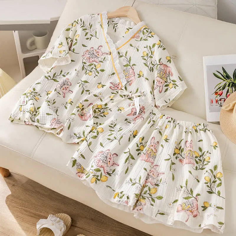 Pyjama-Set aus Baumwollgaze mit Zitrone und Hase