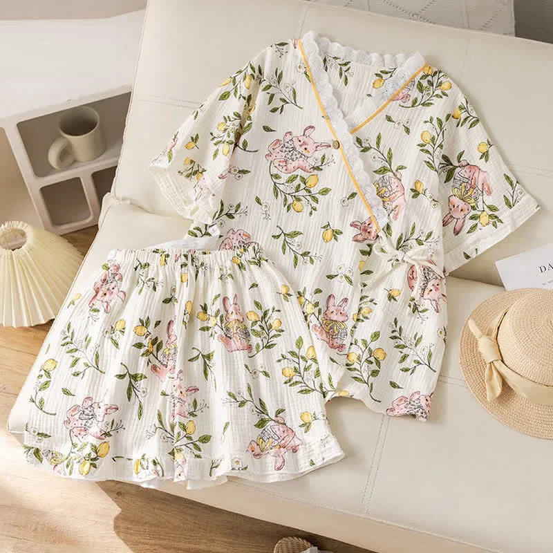 Pyjama-Set aus Baumwollgaze mit Zitrone und Hase