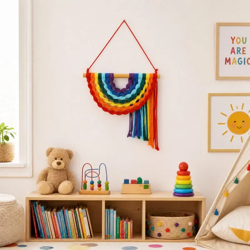 Handgewebtes Regenbogen-Baumwollseil als Wandbehang
