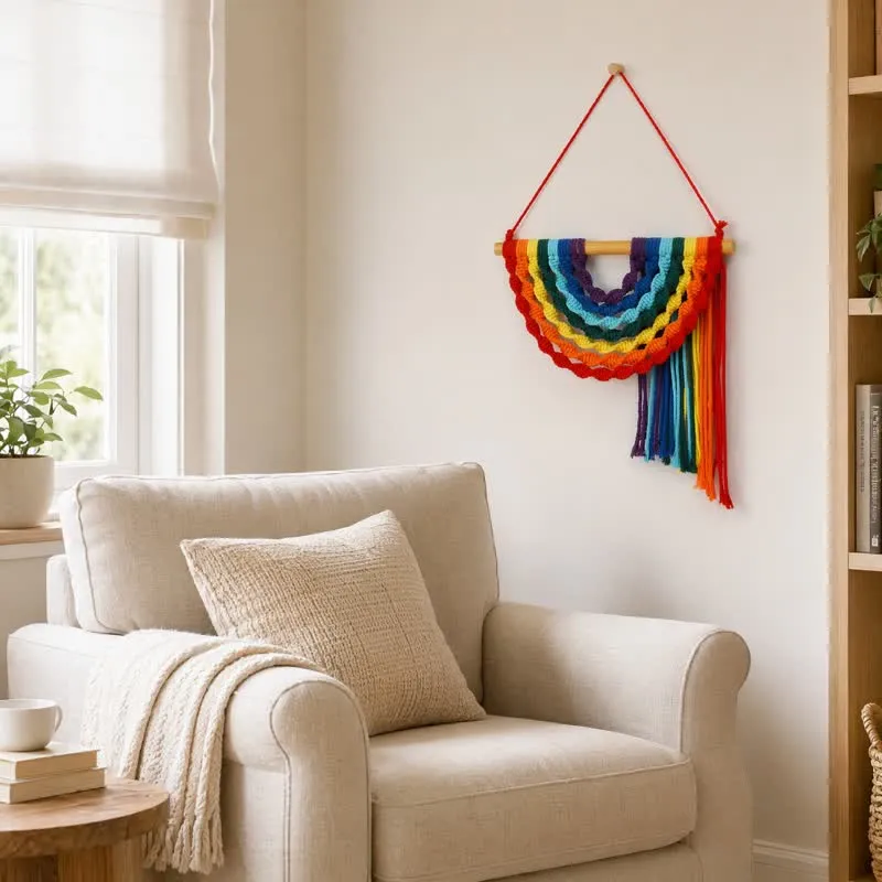 Handgewebtes Regenbogen-Baumwollseil als Wandbehang