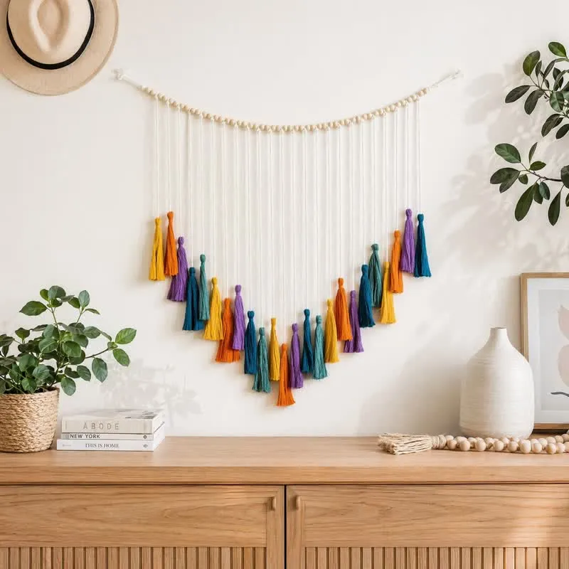 Handgewebte Regenbogen-Quastengirlande aus Baumwolle