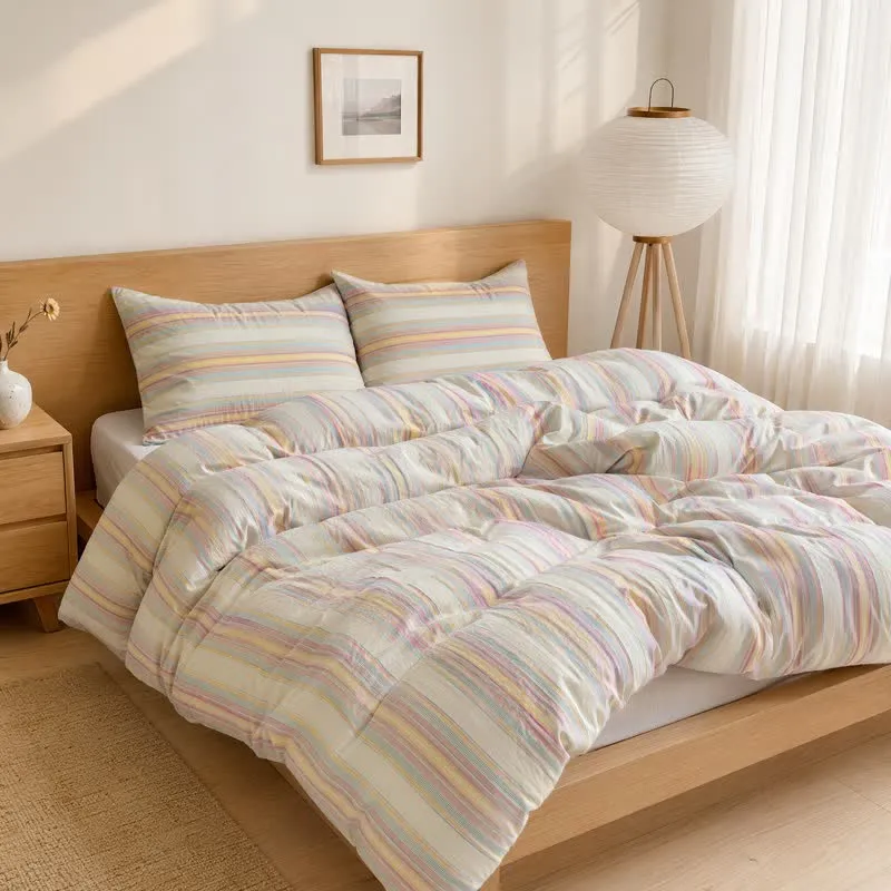 Bettwäsche-Set aus Baumwolle mit weichen, pastellfarbenen Streifen in verschiedenen Farben