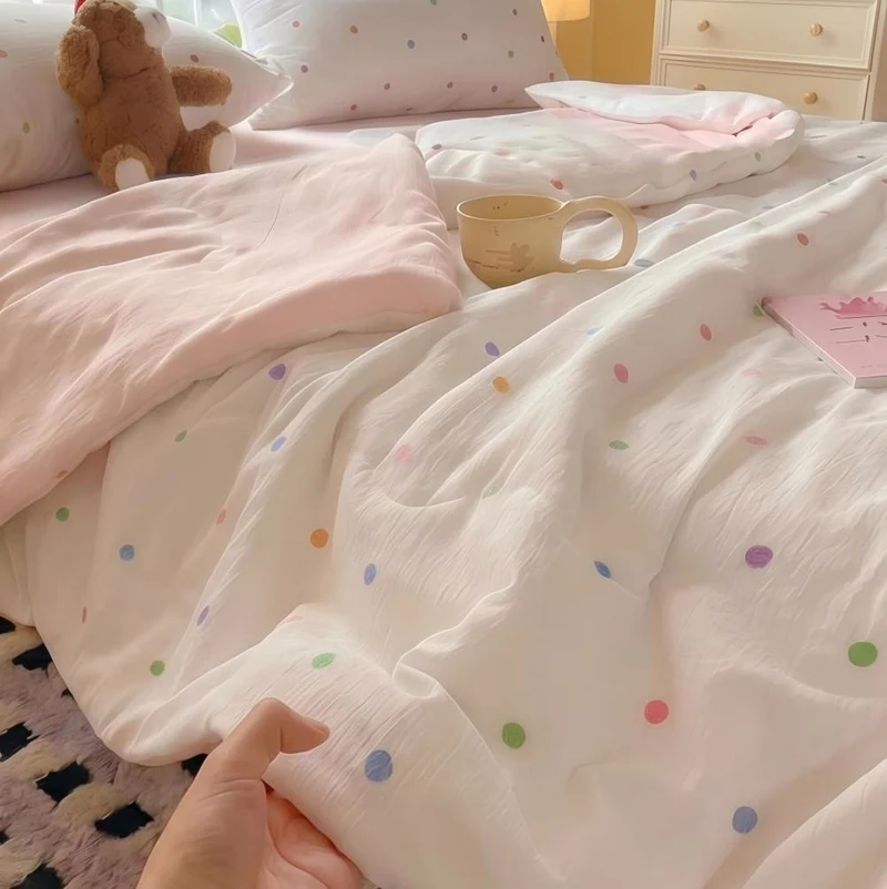 Bettwäsche-Set aus gewaschener Baumwolle mit Regenbogen-Polka-Dots