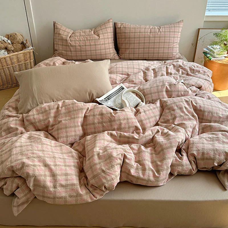 Bettwäsche-Set aus Baumwolle in zartem Rosa mit Vichy-Karo