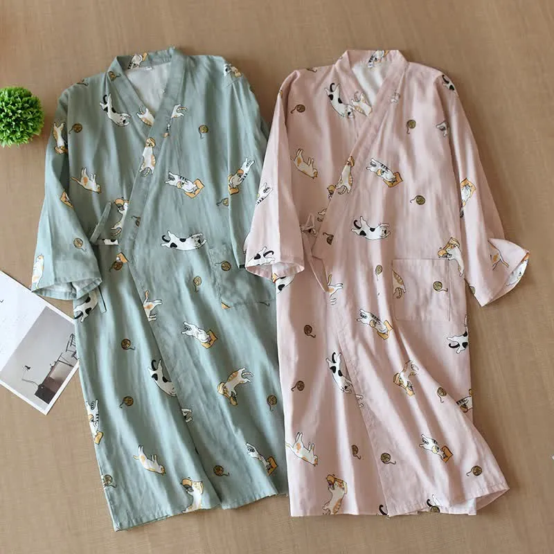 Partner-Kimono aus Baumwolle mit Katzenmotiv